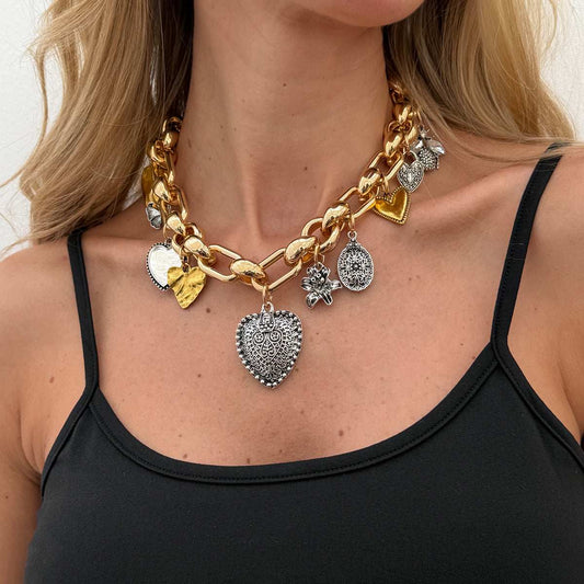 Black Enamel & Two-Tone Heart Butterfly Insect Pendant Necklace