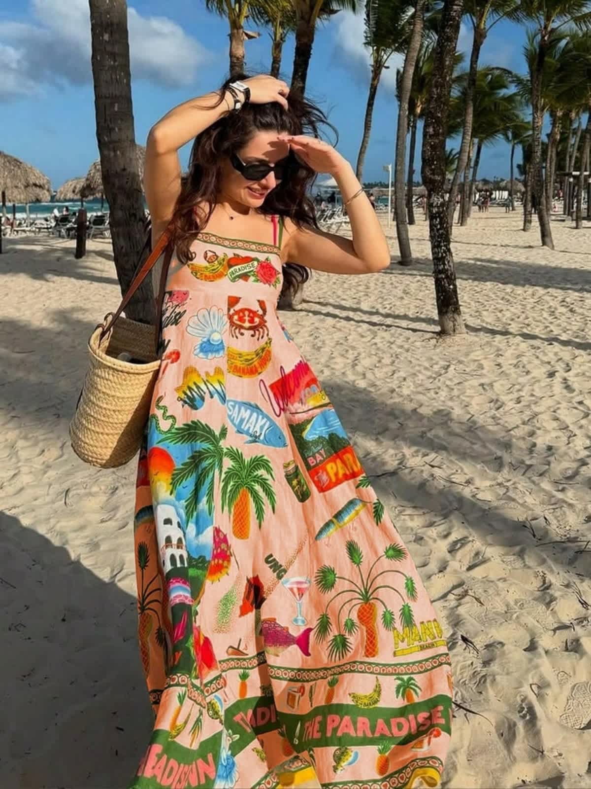 maxi tropical print dress Chic YC Women's Spaghetti Strap Flowy A-Line Summer Beach Vacation Dress Lightyellow / Small Size and Width:7 Wide 20BF23 90s Icon V Slip and full of life