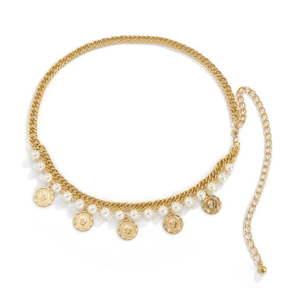 Pearl & Goldtone Beaded Layered Chain Waist Belt