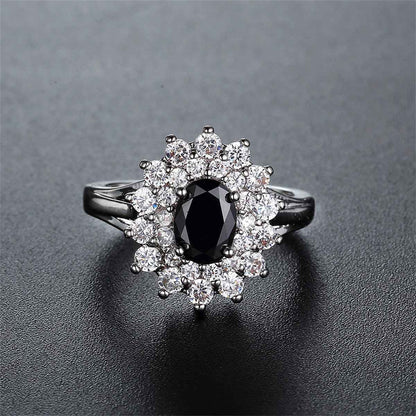 Cubic Zirconia & Black Crystal Flower Halo Ring-1