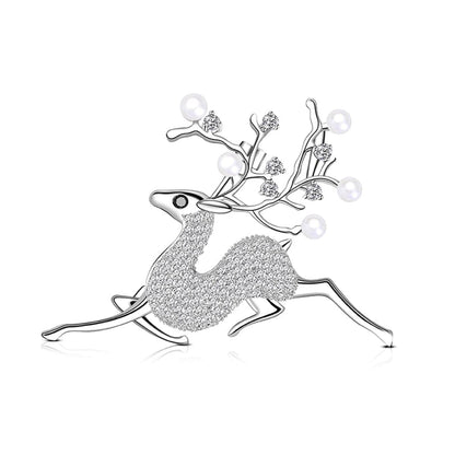Pearl & Cubic Zirconia Silvertone Reindeer Brooch