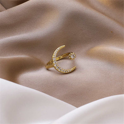 Cubic Zirconia & Goldtone Moon Star Open Ring