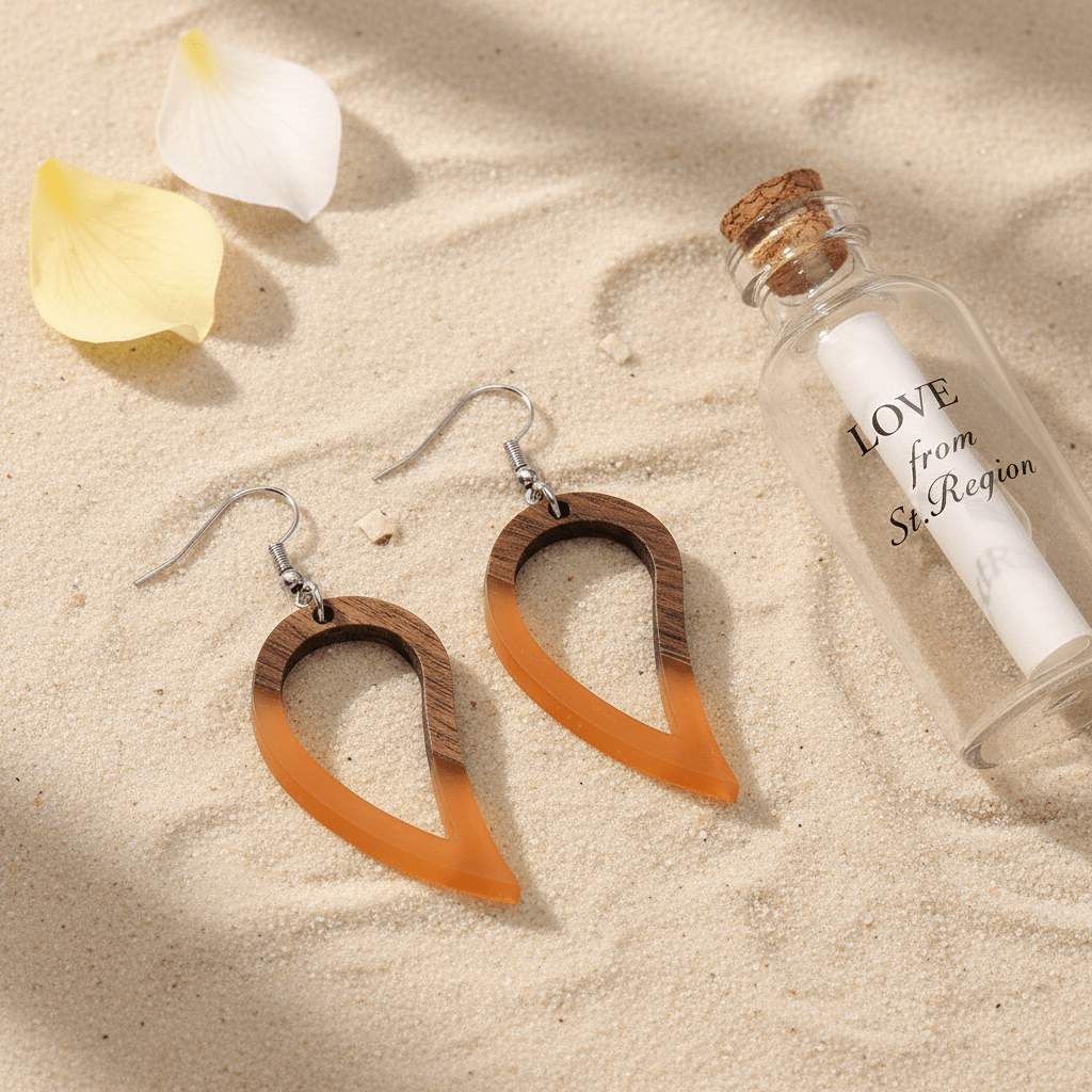 Orange Resin & Wood Silvertone Upside-Down Drop Hook Earrings