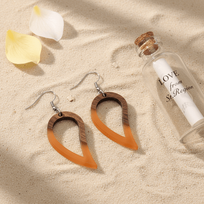 Orange Resin & Wood Silvertone Upside-Down Drop Hook Earrings