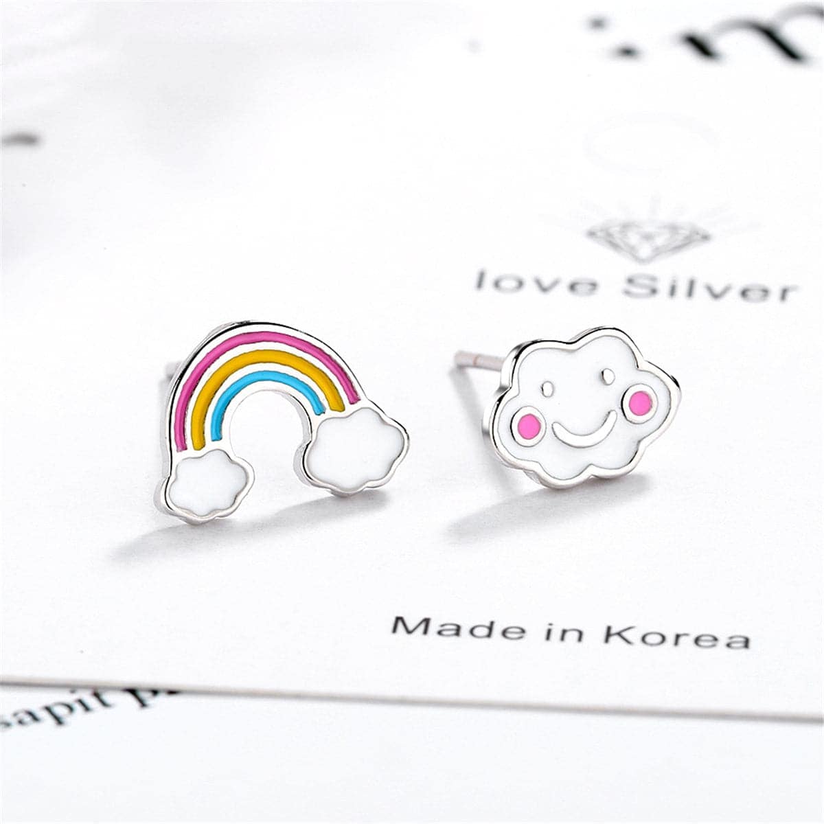 White Cloud & Rainbow Asymmetrical Stud Earrings