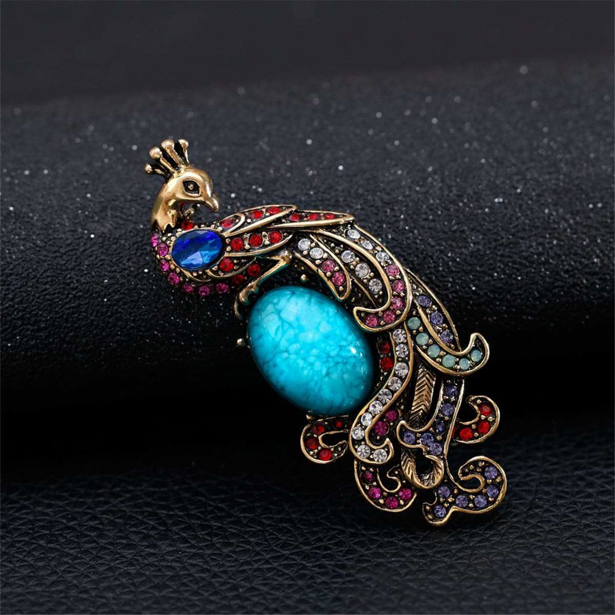 Blue & Pink Cubic Zirconia & Goldtone Peacock Brooch