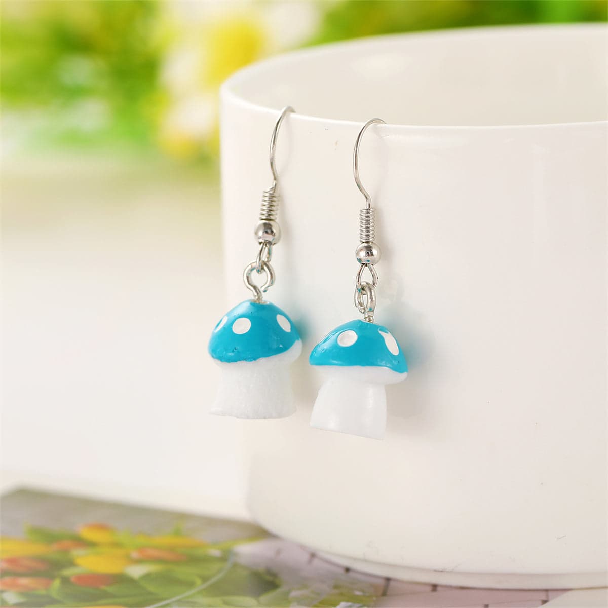 Blue Resin & Silvertone Dot Mushroom Drop Earrings