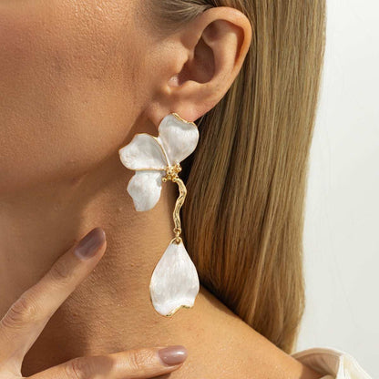 White Enamel & Goldtone Petals Dangle Earrings