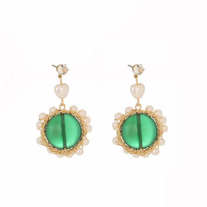 Cubic Zirconia & Green Resin Goldtone Circular Drop Earrings