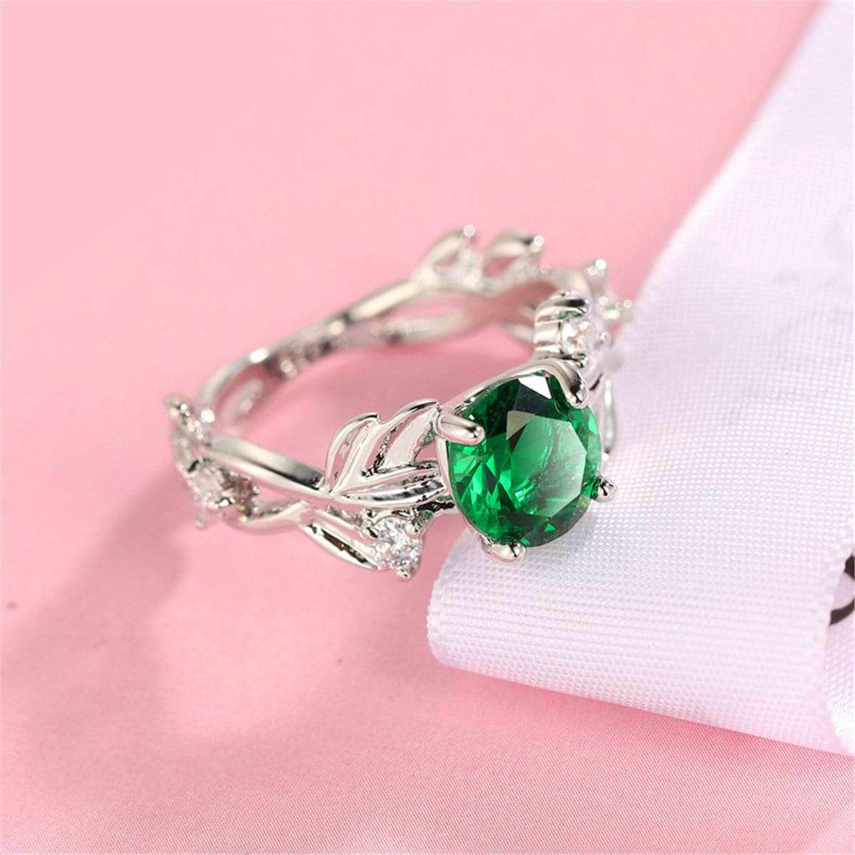 Green Crystal & Silvertone Round-Cut Ring
