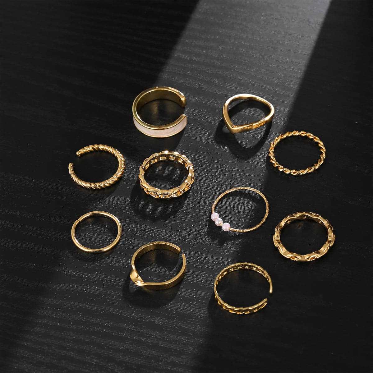 Pearl & Enamel Goldtone Twine Chain Ring Set