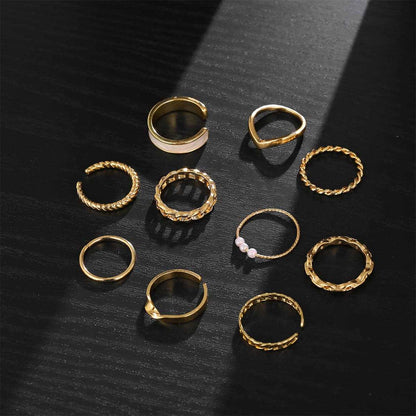 Pearl & Enamel Goldtone Twine Chain Ring Set