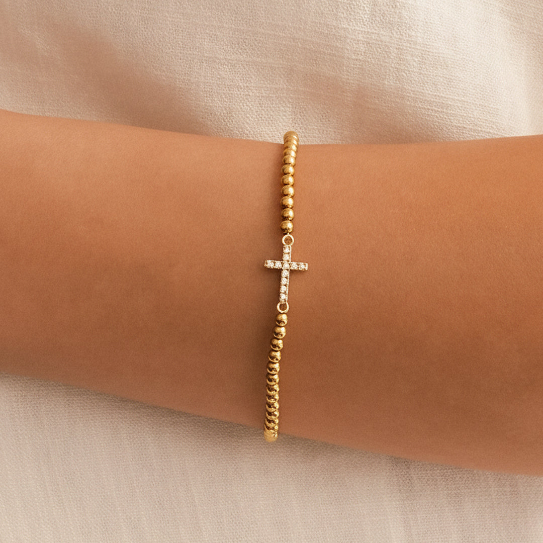 Mint & Lily Gold Beaded Cross Stretch Bracelet