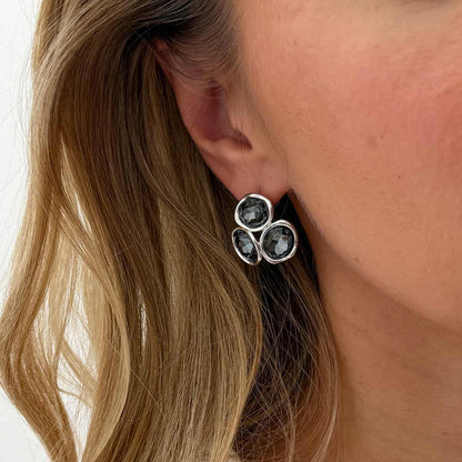 Black Tri-Crystal & Silvertone Geometric Stud Earring