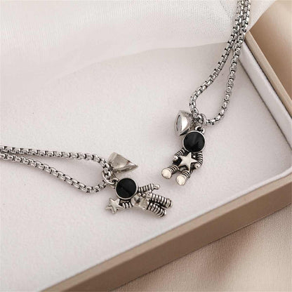 Black Enamel & Silvertone Heart Astronaut Pendant Necklace Set