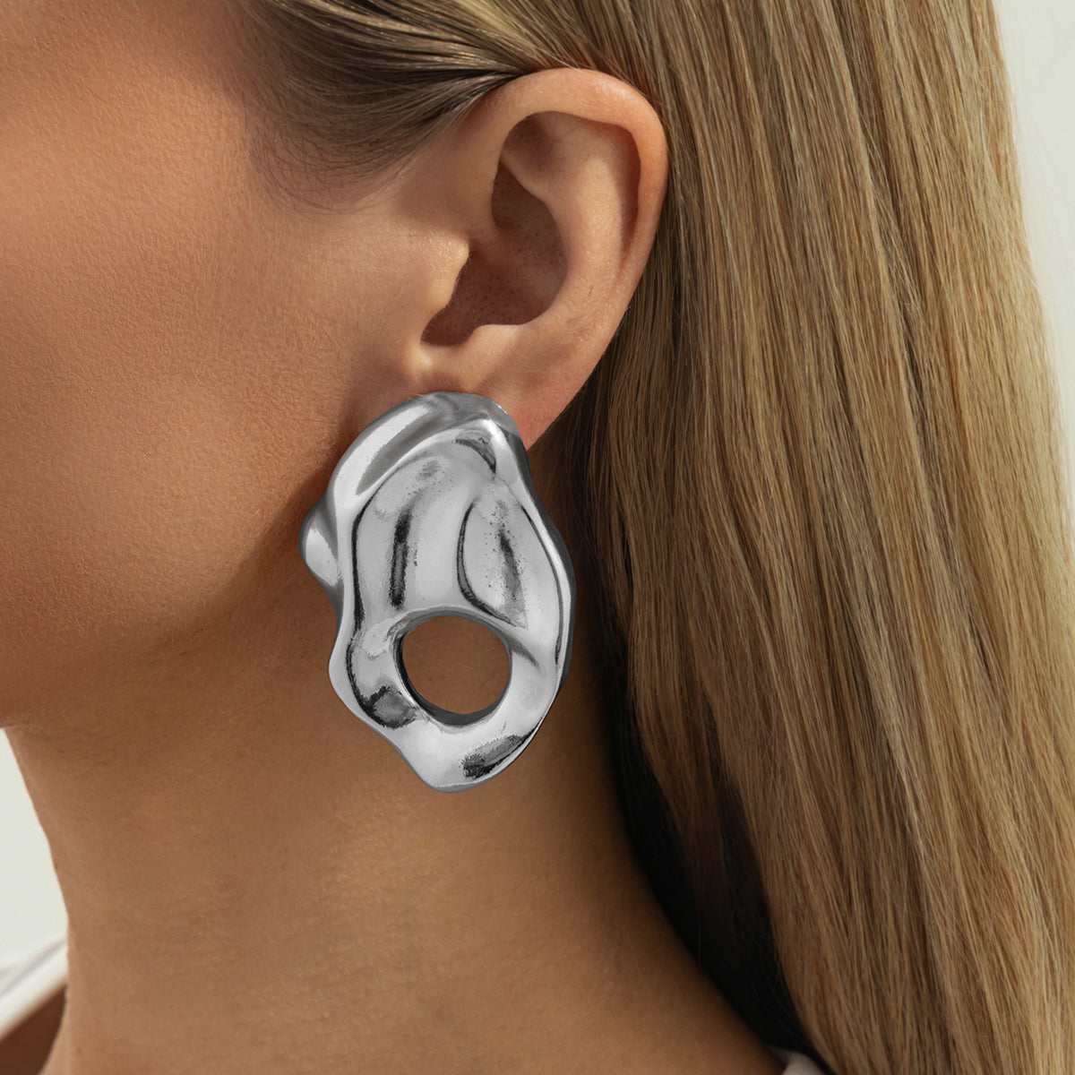 Silvertone Hammered Open Uneven Drop Statement Stud Earrings
