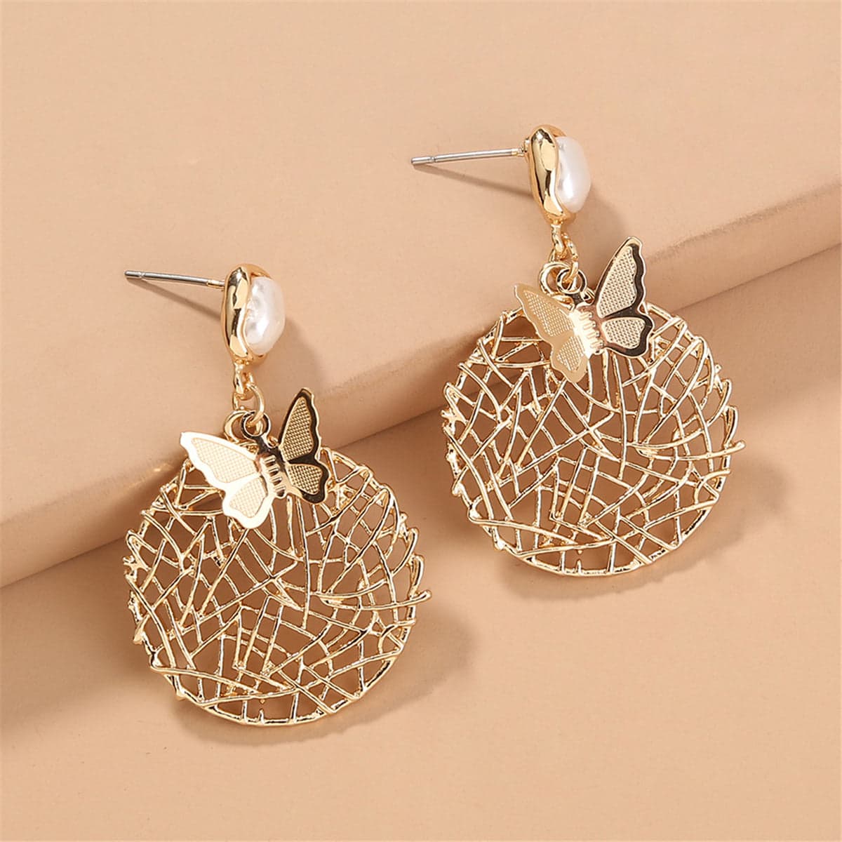Pearl & Goldtone Butterfly-Web Drop Earrings