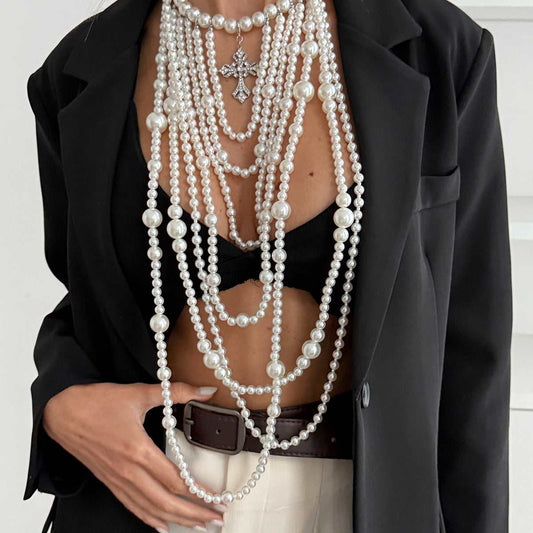 Pearl & Cubic Zirconia Silvertone Cross Pendant Tassel Statement Necklace
