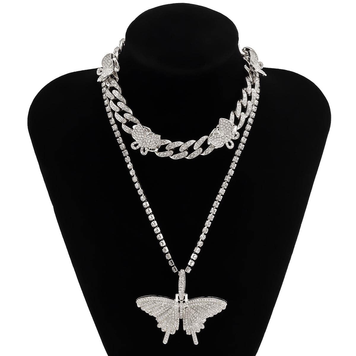 Cubic Zirconia & Silvertone Butterfly Pendant Necklace Set