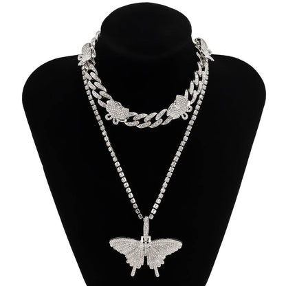 Cubic Zirconia & Silvertone Butterfly Pendant Necklace Set