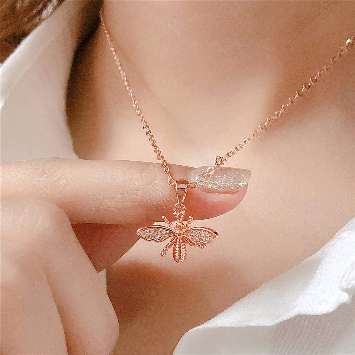 Cubic Zirconia & Rose Goldtone Bee Pendant Necklace-3