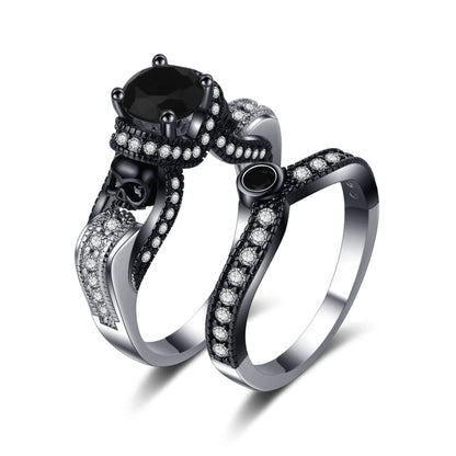 Black Crystal & Cubic Zirconia Two-Tone Skull Ring Set-2
