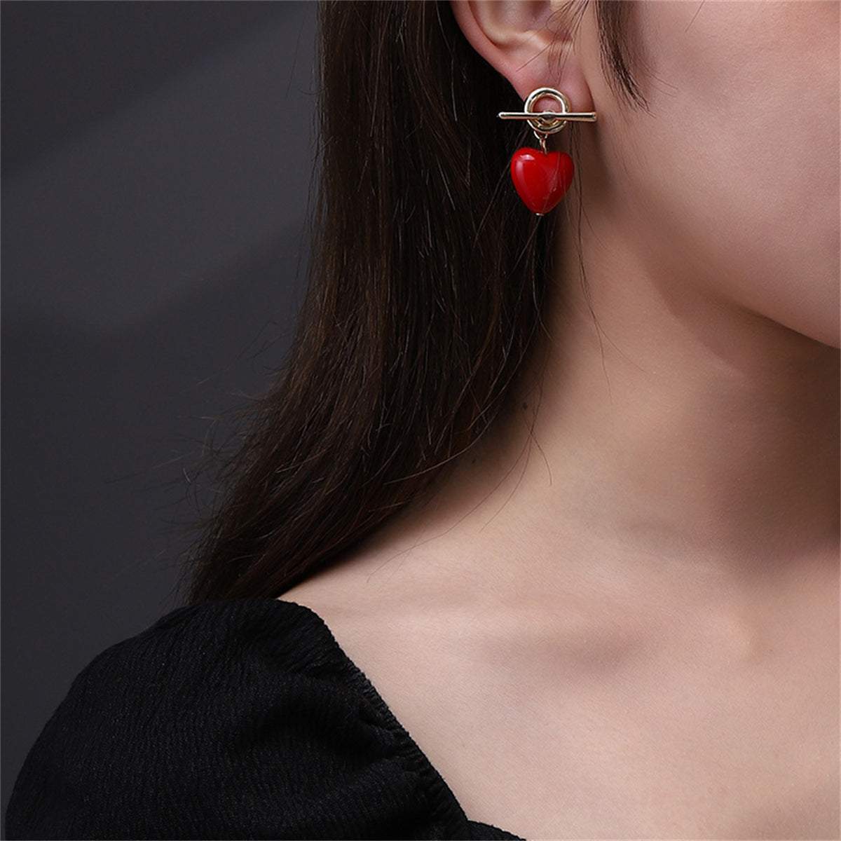 Red Resin & Goldtone Toggle Heart Drop Earrings