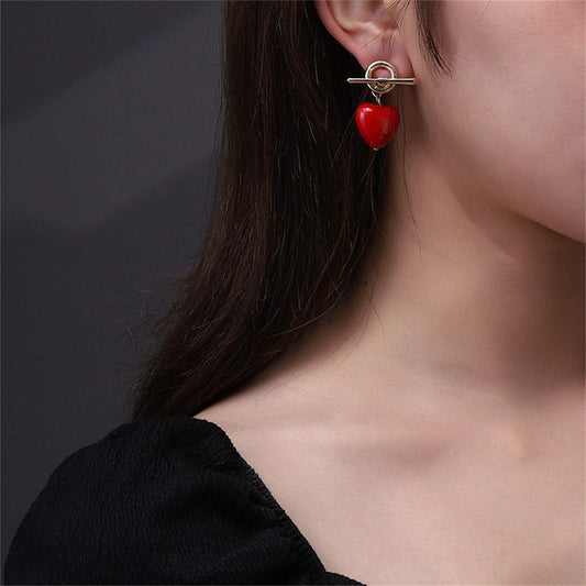 Red Resin & Goldtone Toggle Heart Drop Earrings