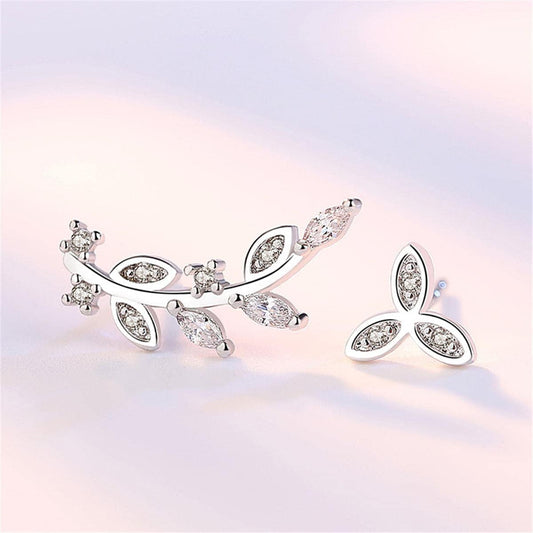 Cubic Zirconia Leaves Ear Climber & Silvertone Stud Earring