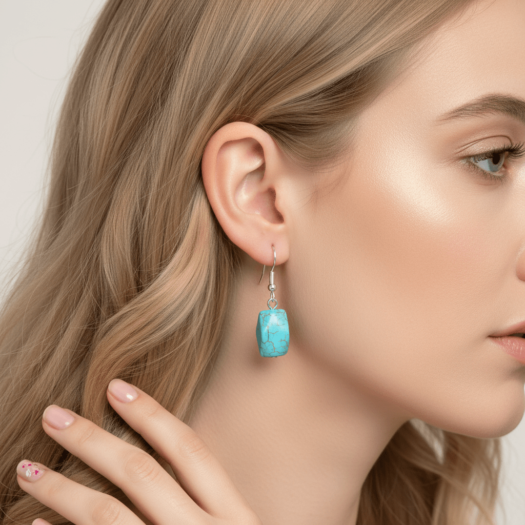Turqouise & Silvertone Diomand-Cut Cuboid Hook Earrings
