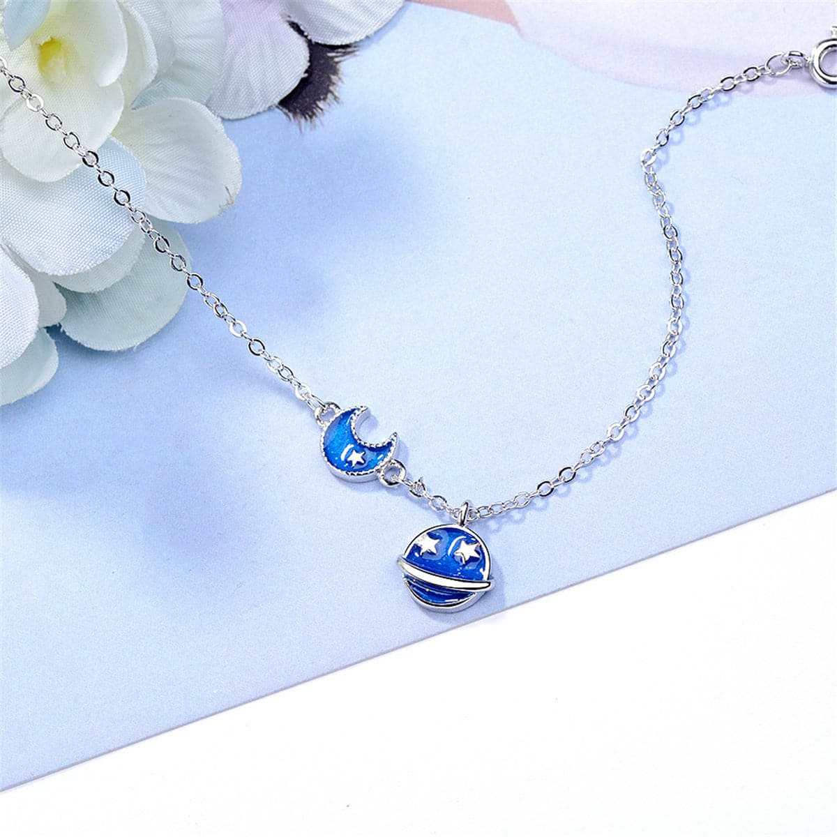 Silvertone & Blue Planet & Moon Charm Bracelet