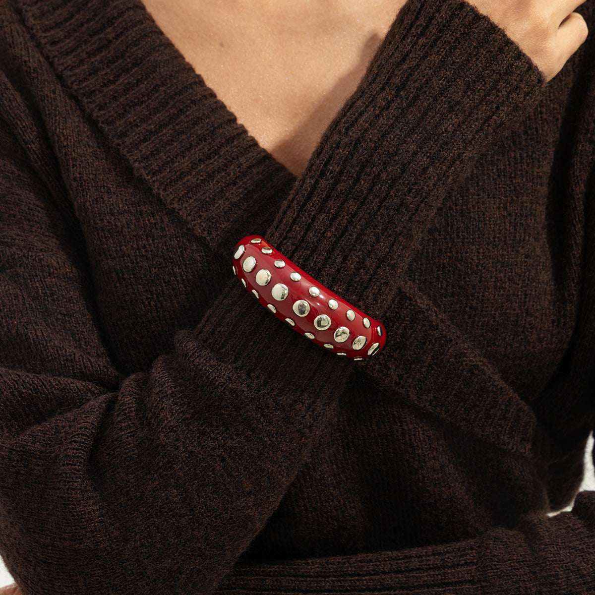 Red Resin & Silvertone Layered Spot Cuff