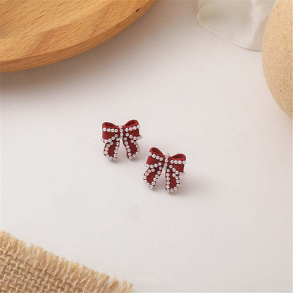 Pearl & Red Enamel Silvertone Bow Stud Earrings