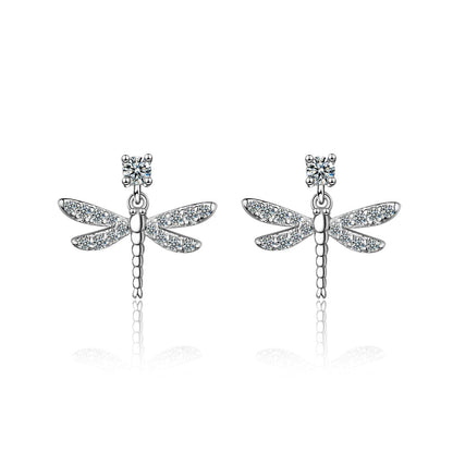 Cubic Zirconia & Silvertone Dragonfly Dangle Earrings