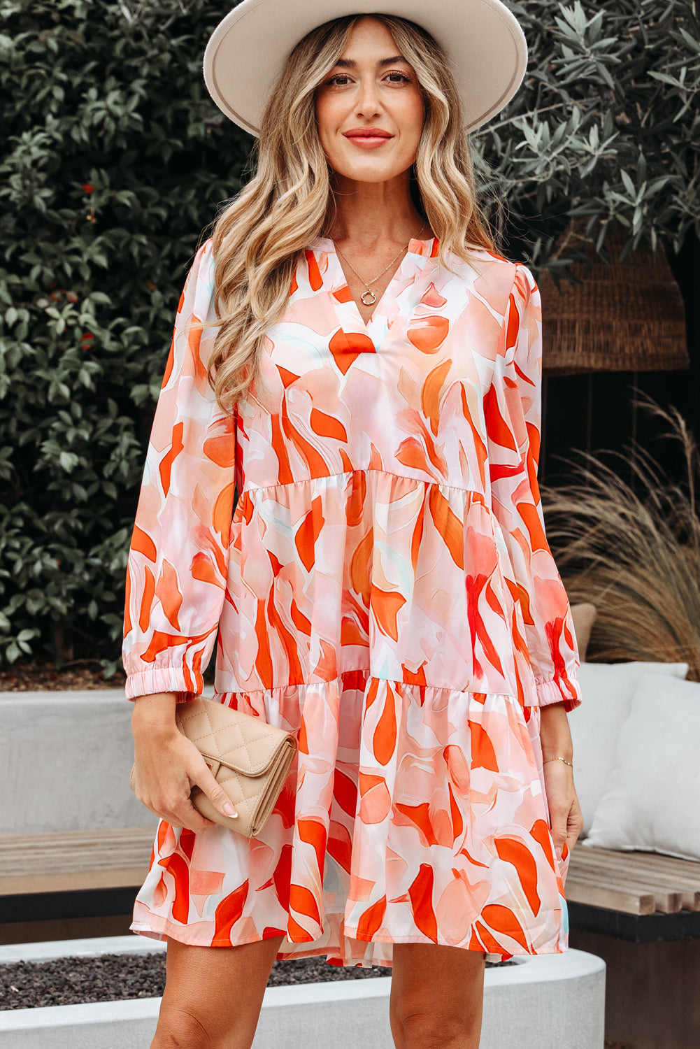 Sierra Print Long Sleeve Dress - Orange / L - 12/14