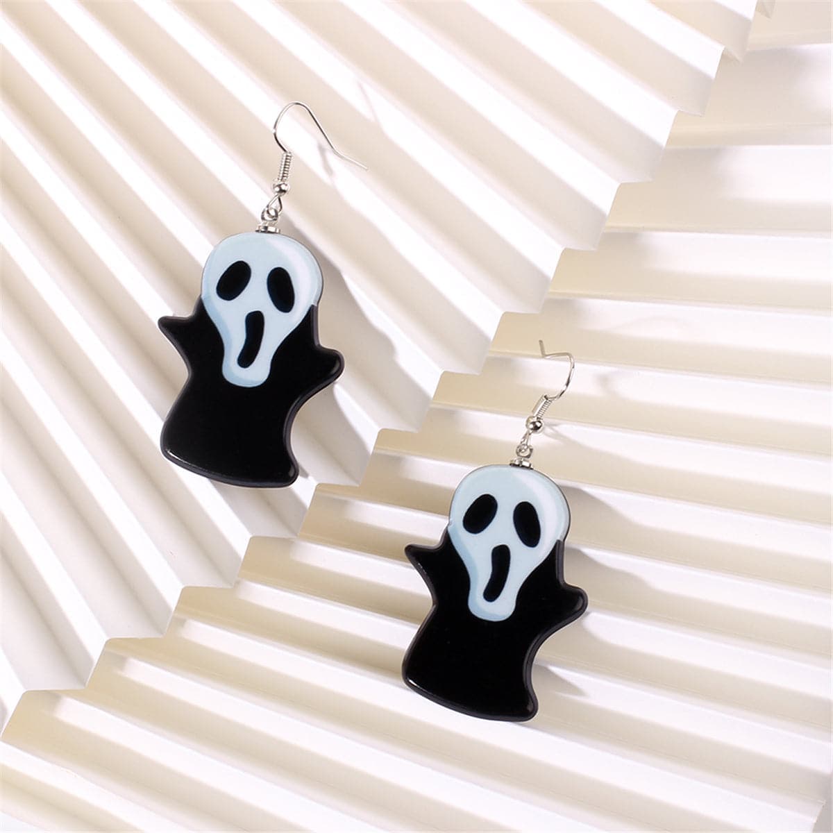Black Acrylic & Silvertone Ghost Drop Earrings