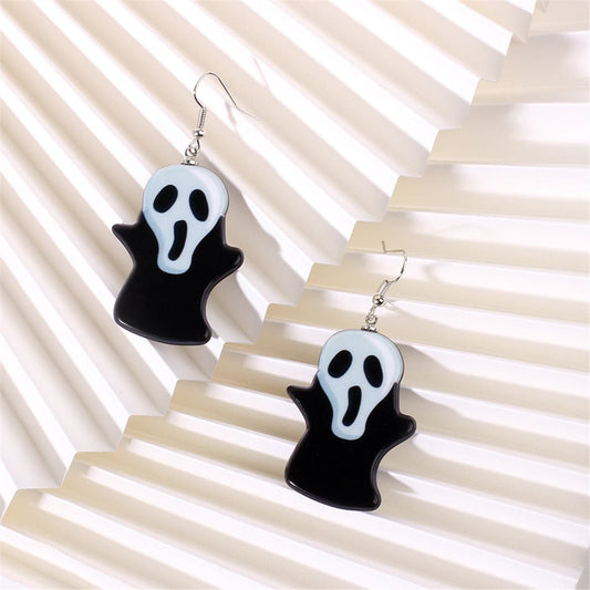 Black Acrylic & Silvertone Ghost Drop Earrings