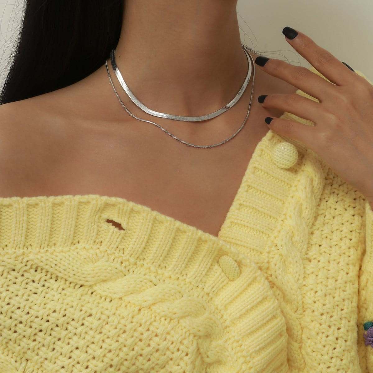 Silvertone Herringbone Chain Double Layered Choker Necklace