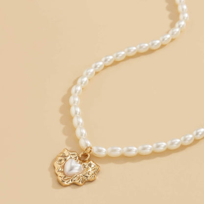 Pearl & Goldtone Wrinkled Heart Pendant Necklace