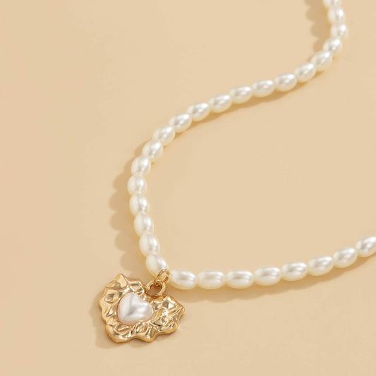 Pearl & Goldtone Wrinkled Heart Pendant Necklace