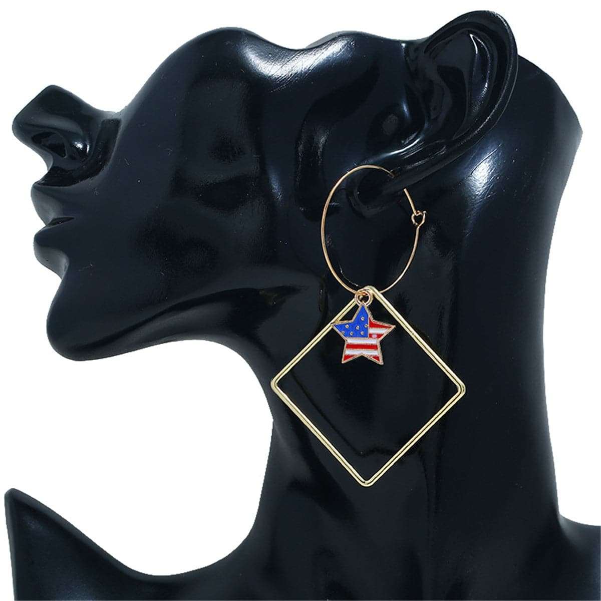 Goldtone American Flags Star & Hollow Square Drop Earrings