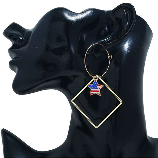Goldtone American Flags Star & Hollow Square Drop Earrings