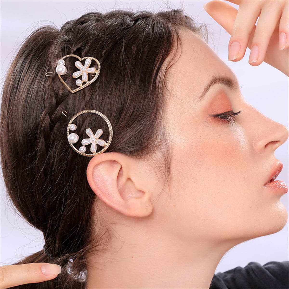 Pearl & Goldtone Flower Heart Hair Clip Set