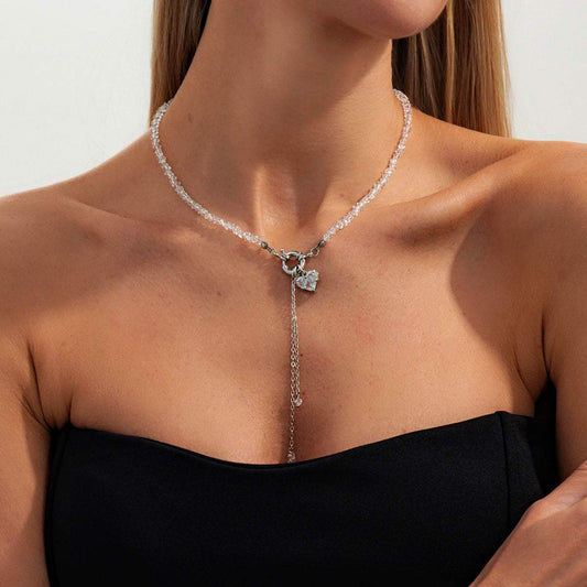 Clear Crystal & Acrylic Silvertone Heart Pendant Tassel Toggle Necklace