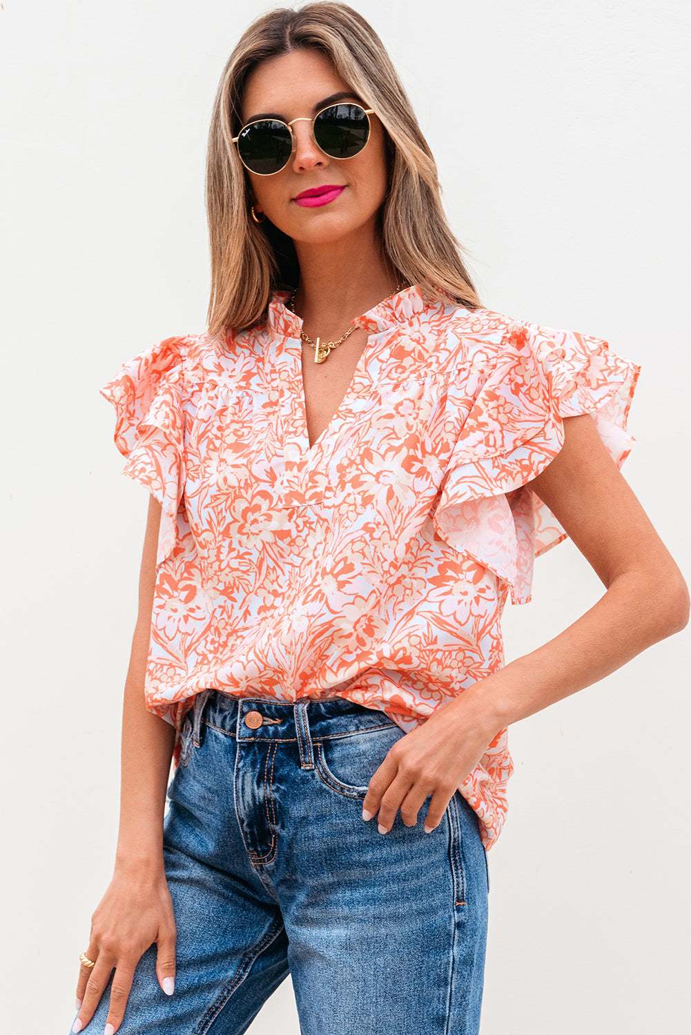 Threaded Pear Nancy Floral Ruffle Sleeve Split Neck Blouse