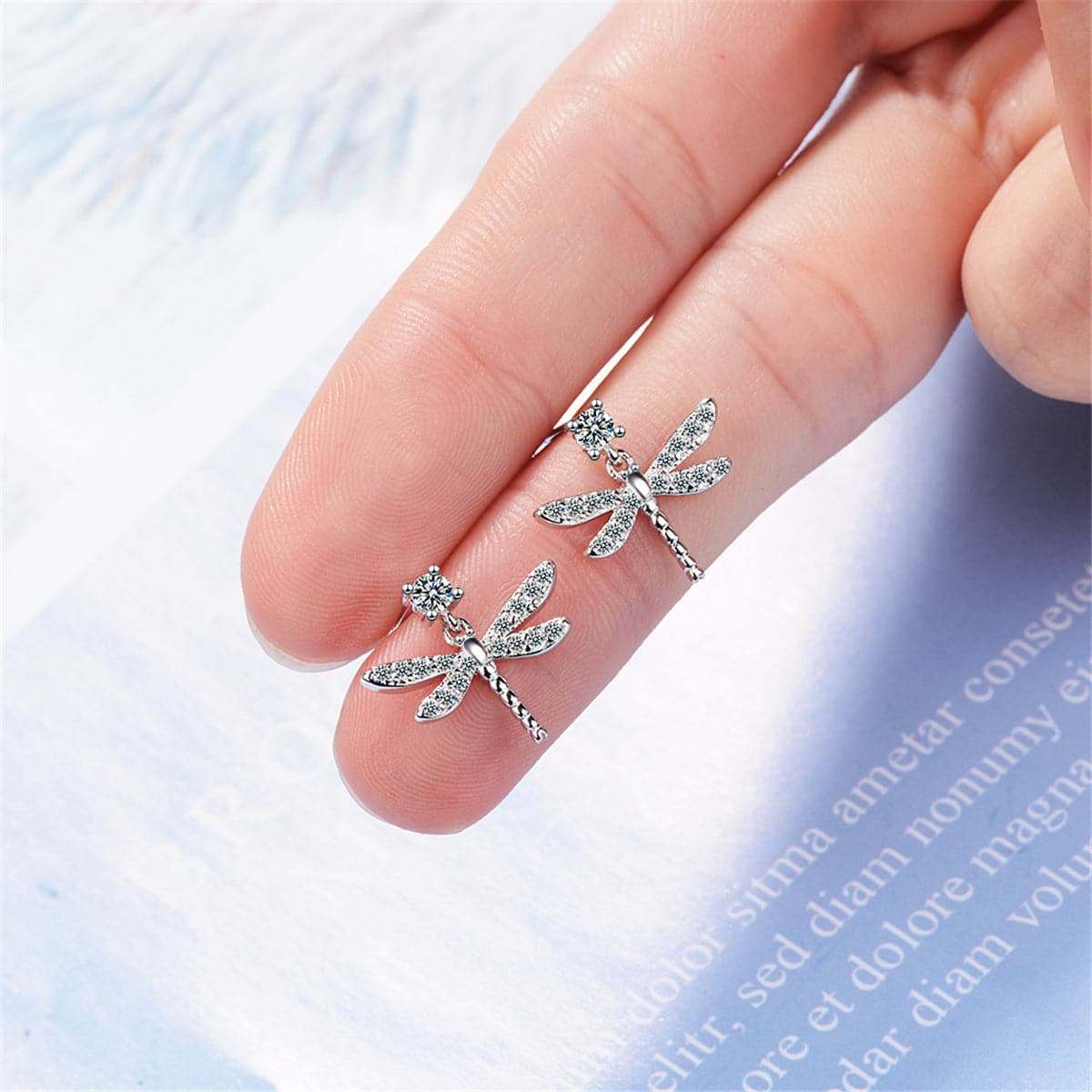 Cubic Zirconia & Silvertone Dragonfly Dangle Earrings