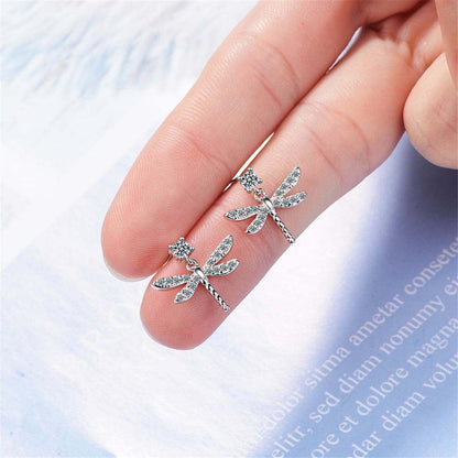 Cubic Zirconia & Silvertone Dragonfly Dangle Earrings