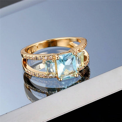 Sea Blue Crystal & Cubic Zirconia Geometric Ring-3
