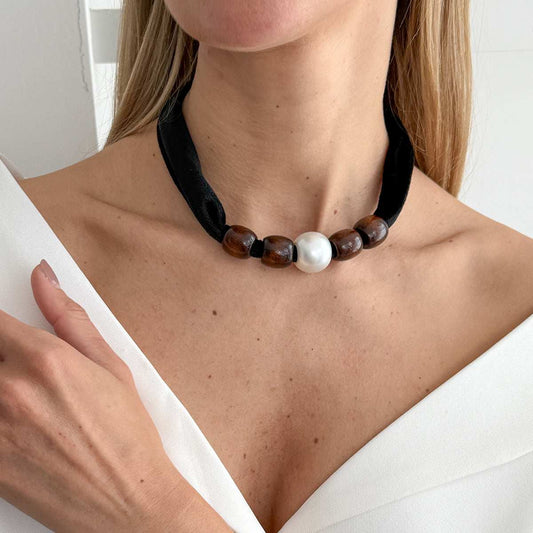 Black Polyster & Wood Pearl Silvertone Ball Collar Necklace