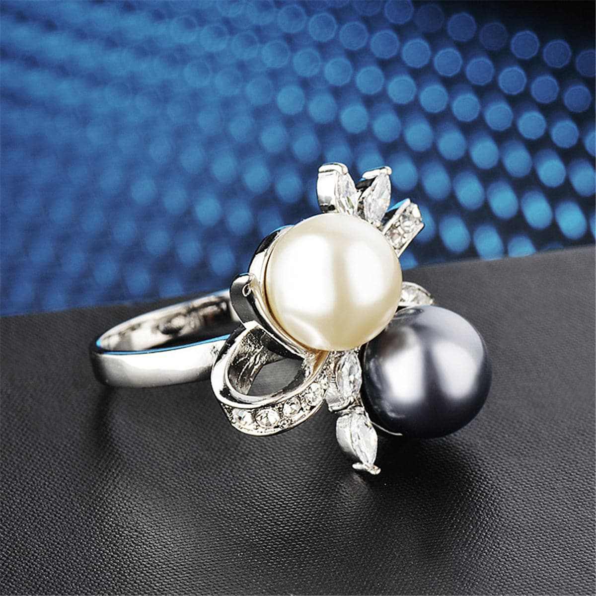 Black Pearl & Cubic Zirconia Silvertone Botany Ring